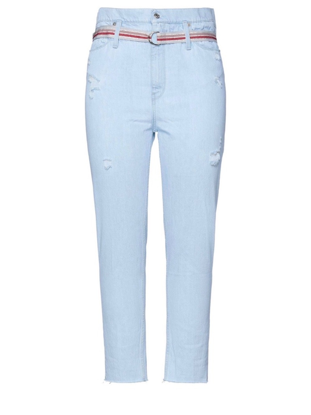 Light Blue High-Waist Distressed Women’s Jeans with Stripe Belt